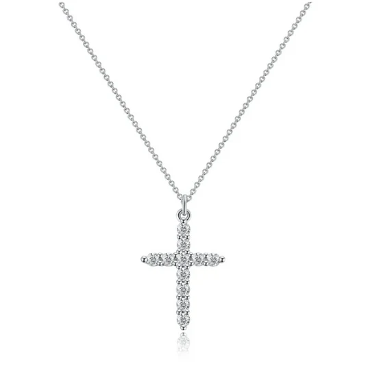 Necklace with cross and diamond crown.
