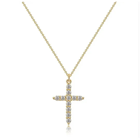 Necklace with cross and diamond crown.