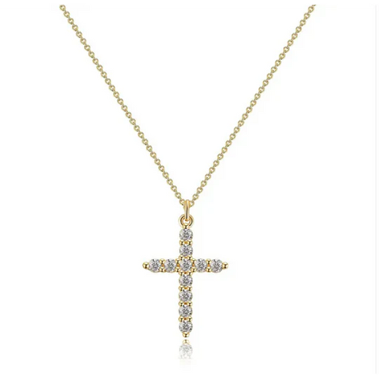 Necklace with cross and diamond crown.