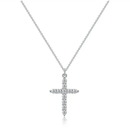 Necklace with cross and diamond crown.