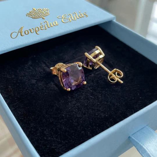 Gold Amethyst Square Earrings