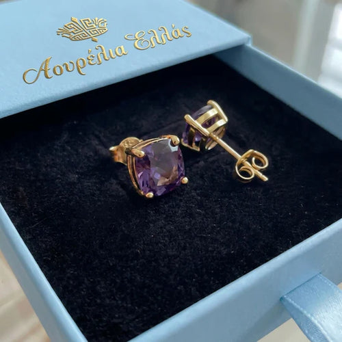 Gold Amethyst Square Earrings